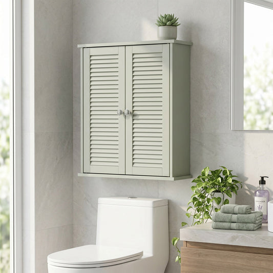 HOMCOM Bathroom Cabinet, Bathroom Wall Cabinet with Louvered Doors and Adjustable Shelf Storage for Kitchen, Light Green