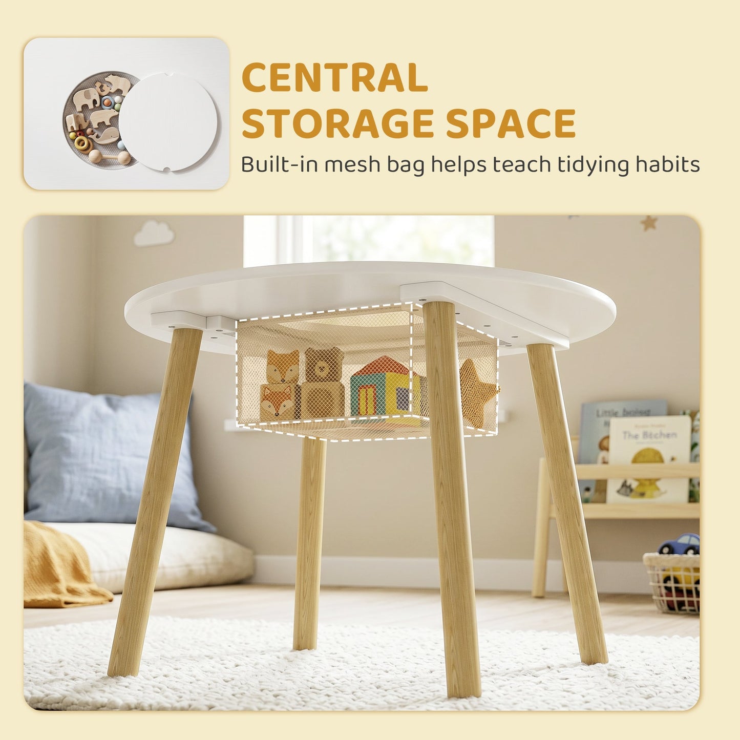AIYAPLAY Kids Table and Chairs Set with Storage Bag Toddler Table and Chairs Set 3 Piece for Playroom White