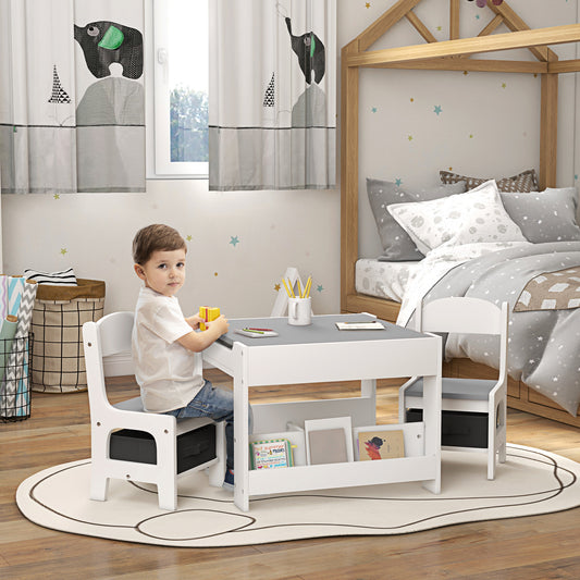 HOMCOM Three-Piece Kids Table and Chair Set with Blackboard in Grey