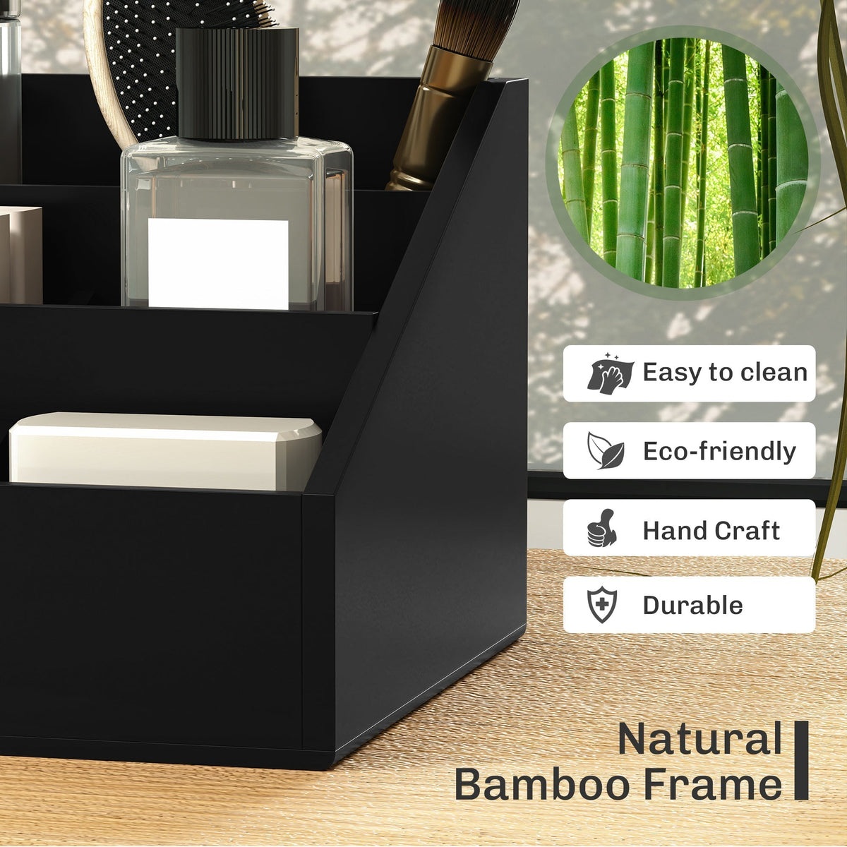 HOMCOM Desk Organiser Holder, Bamboo Multi-Function Storage Caddy with 7 Storage Compartments and 2 Drawers for Home Office Stationary Supplies, Black