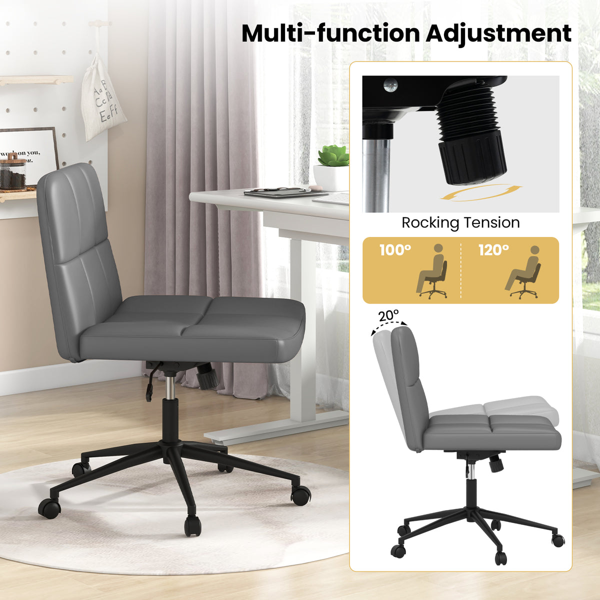 PU Leather Upholstered Cross-legged Office Chair with Wheels-Grey