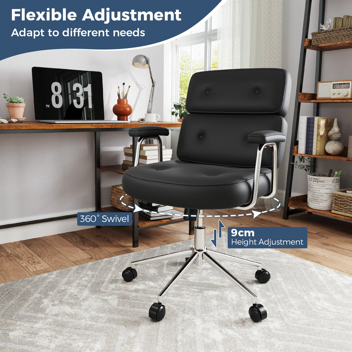 PU Leather Upholstered Office Chair with Button Tufted Back-Black