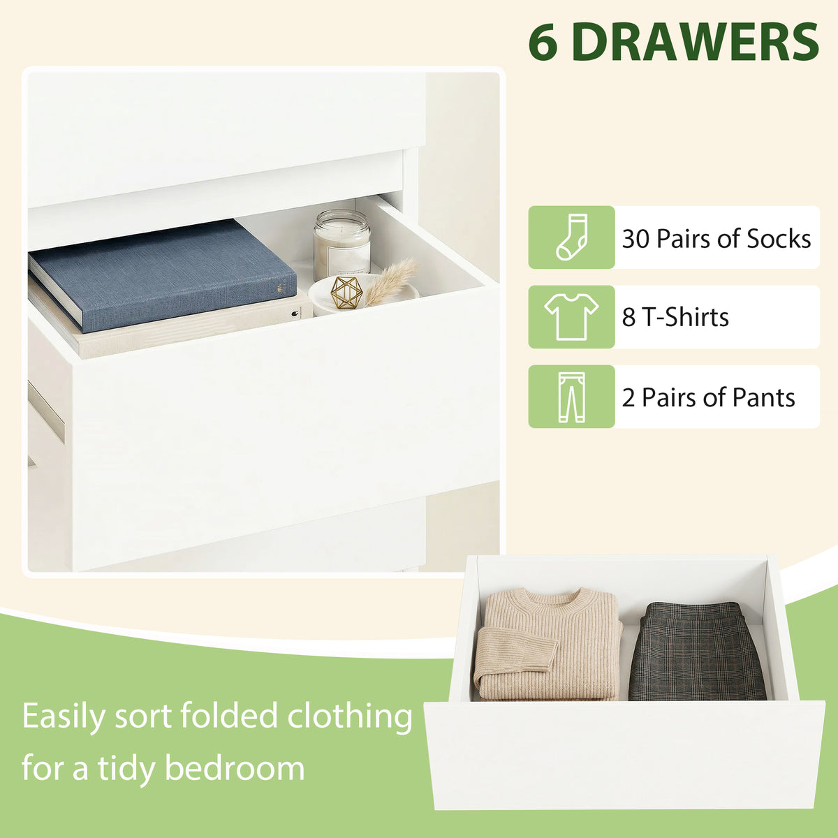 HOMCOM Chest of Drawers High Gloss Finish 6 Drawer Dresser in High-gloss White