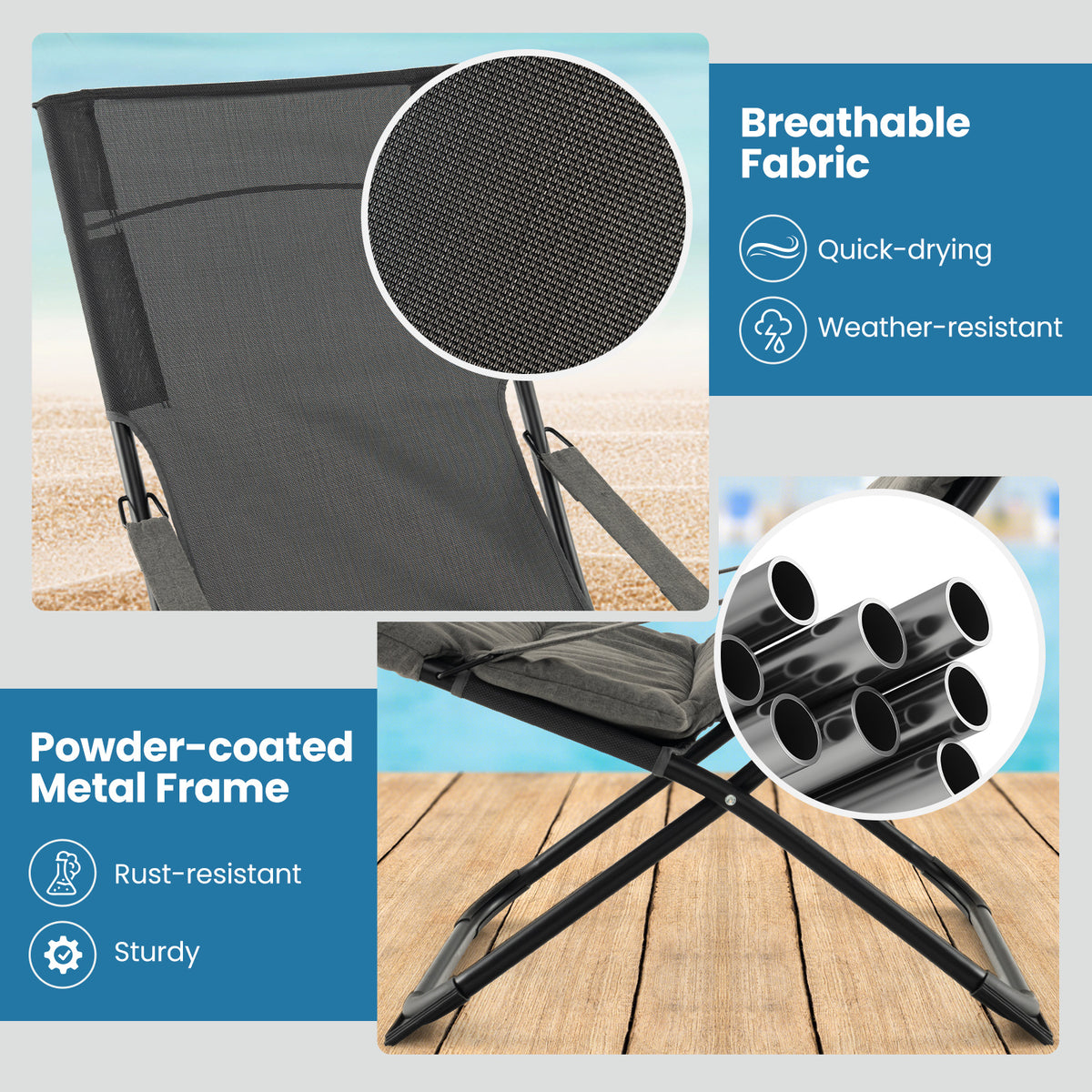 Patio Folding Sling Chair with Ottoman and Removable Cushion Set of 2-Grey
