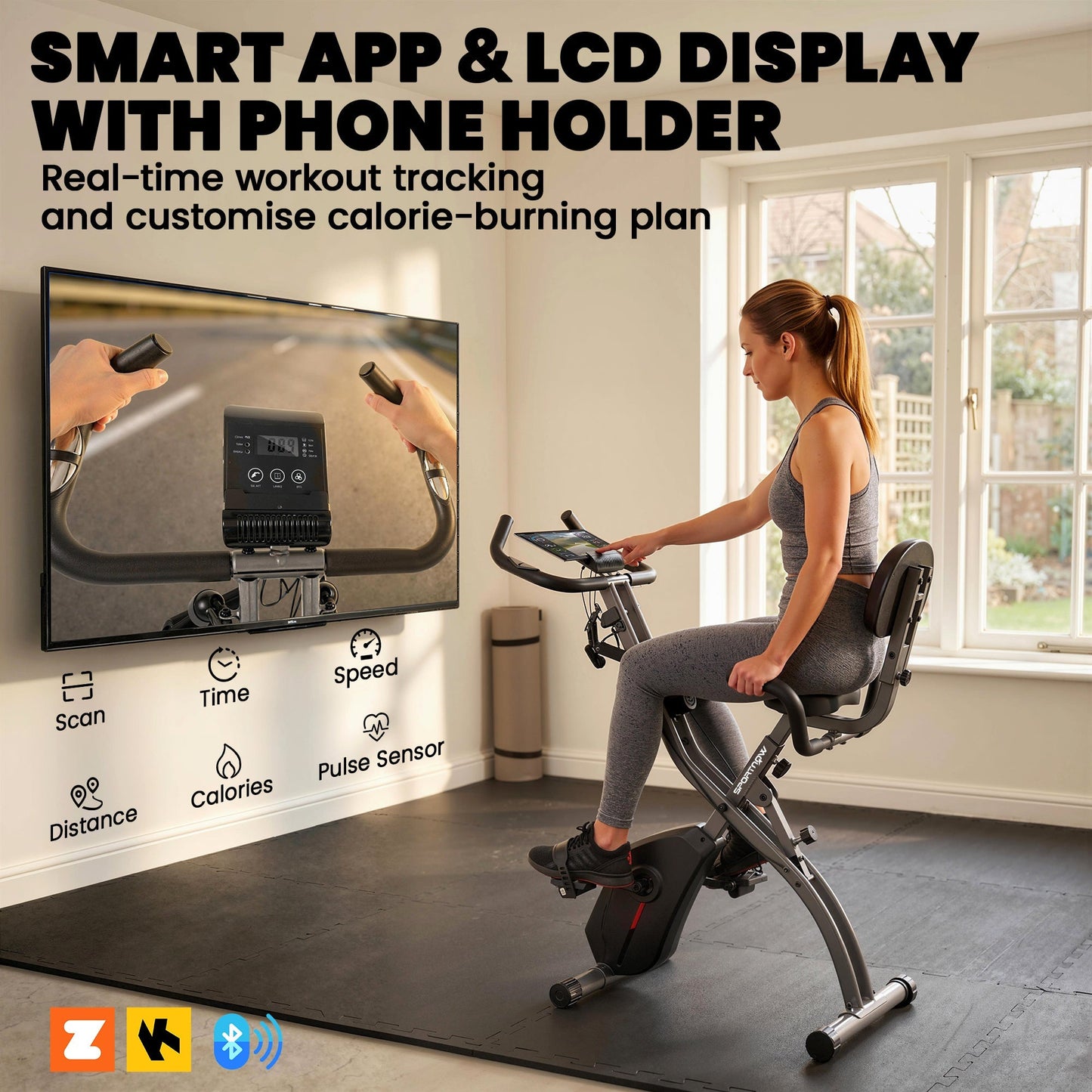 SPORTNOW 3-In-1 Folding Exercise Bike with Resistance Bands, Bluetooth App, 8-Level Magnetic Resistance, LCD Display, Black