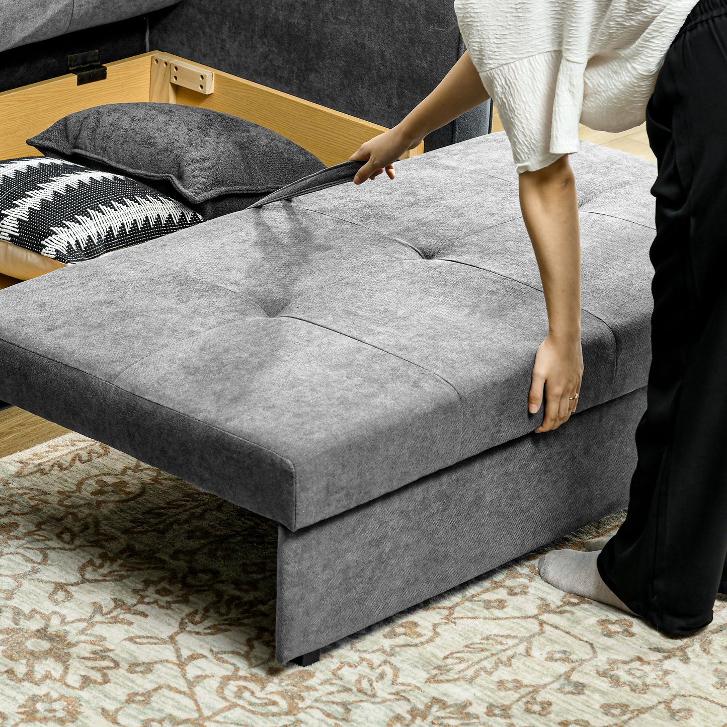 HOMCOM 2 Seater Sofa Bed, Convertible Bed Settee, Modern Velvet Loveseat Sofa Couch with 2 Cushions, Hidden Storage for Living Room, Guest Room, Grey