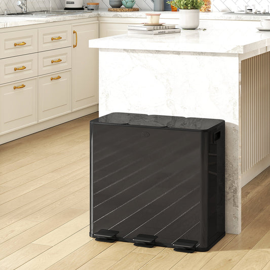 HOMCOM 3 x 20L Pedal Bin, Steel Triple Kitchen Bin with Soft Close Lid, Removable Inner Buckets, Fingerprint-Proof, Black
