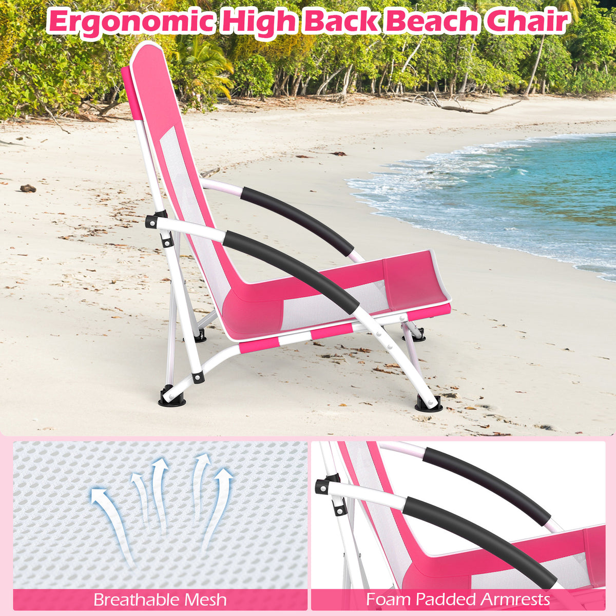 Portable Beach Umbrella Chair with Adjustable Parasol-Pink, 2 Pack