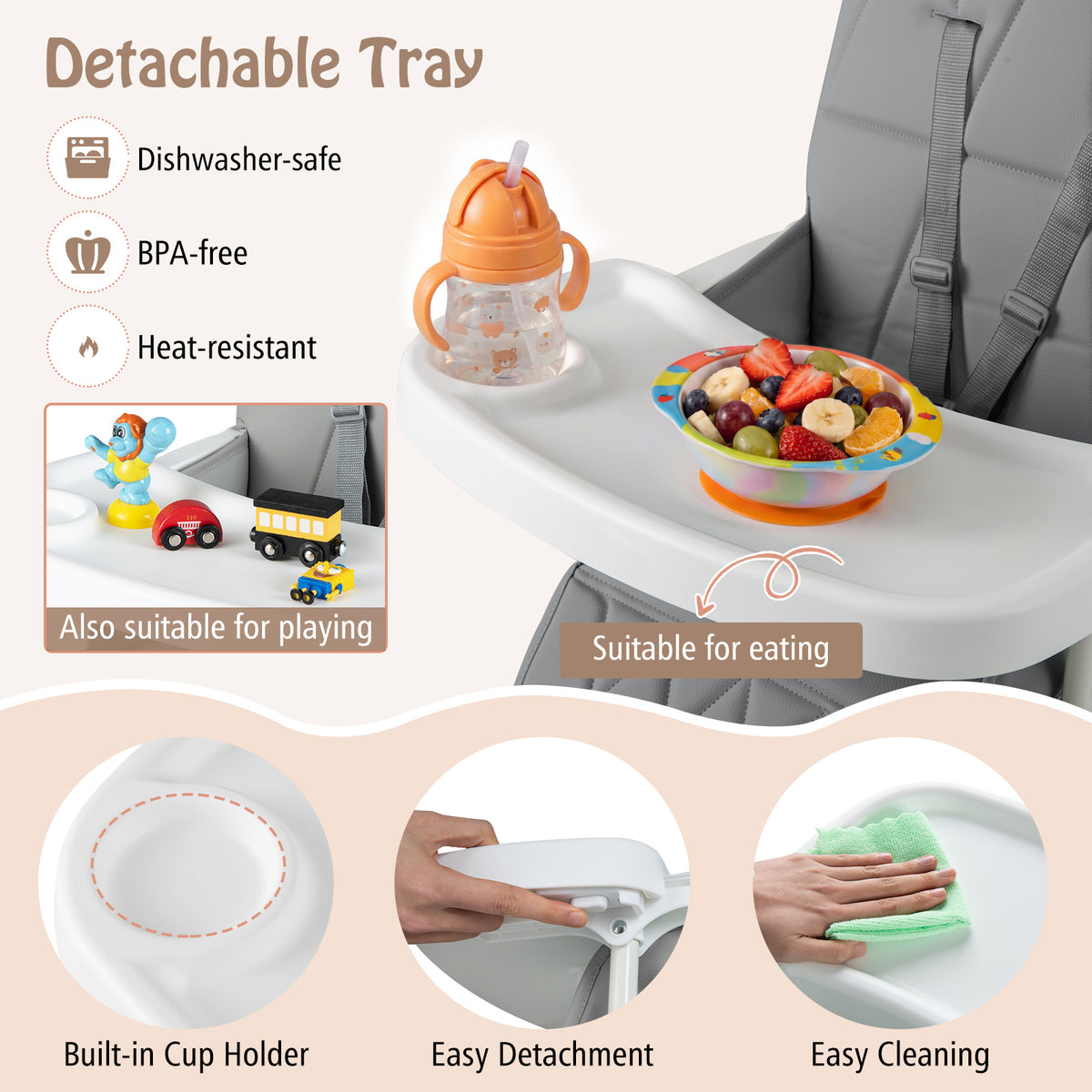 Portable High Chair with 3-Level Adjustable Tray and Footrest-Grey