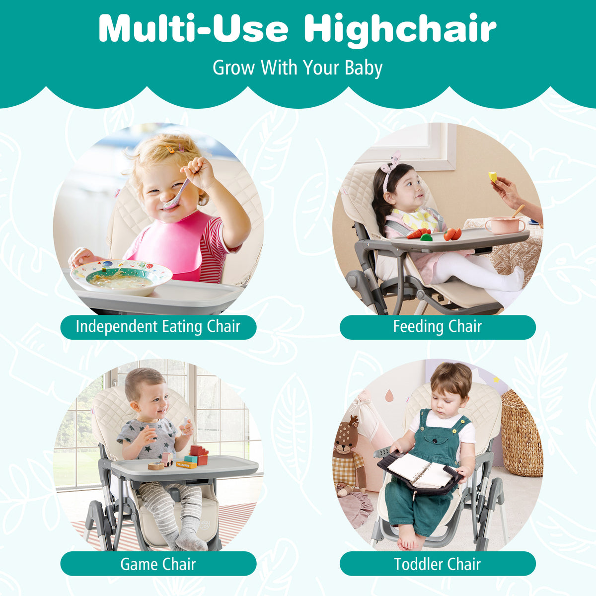 Portable Adjustable Highchair with Footrest and Detachable Tray for Babies-Beige