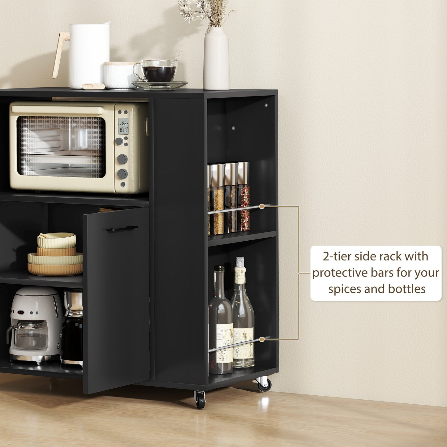 HOMCOM Kitchen Trolley on Wheels, Rolling Kitchen Island Cart with 2-Door Cabinet, Spice Rack and Adjustable Shelf, Black
