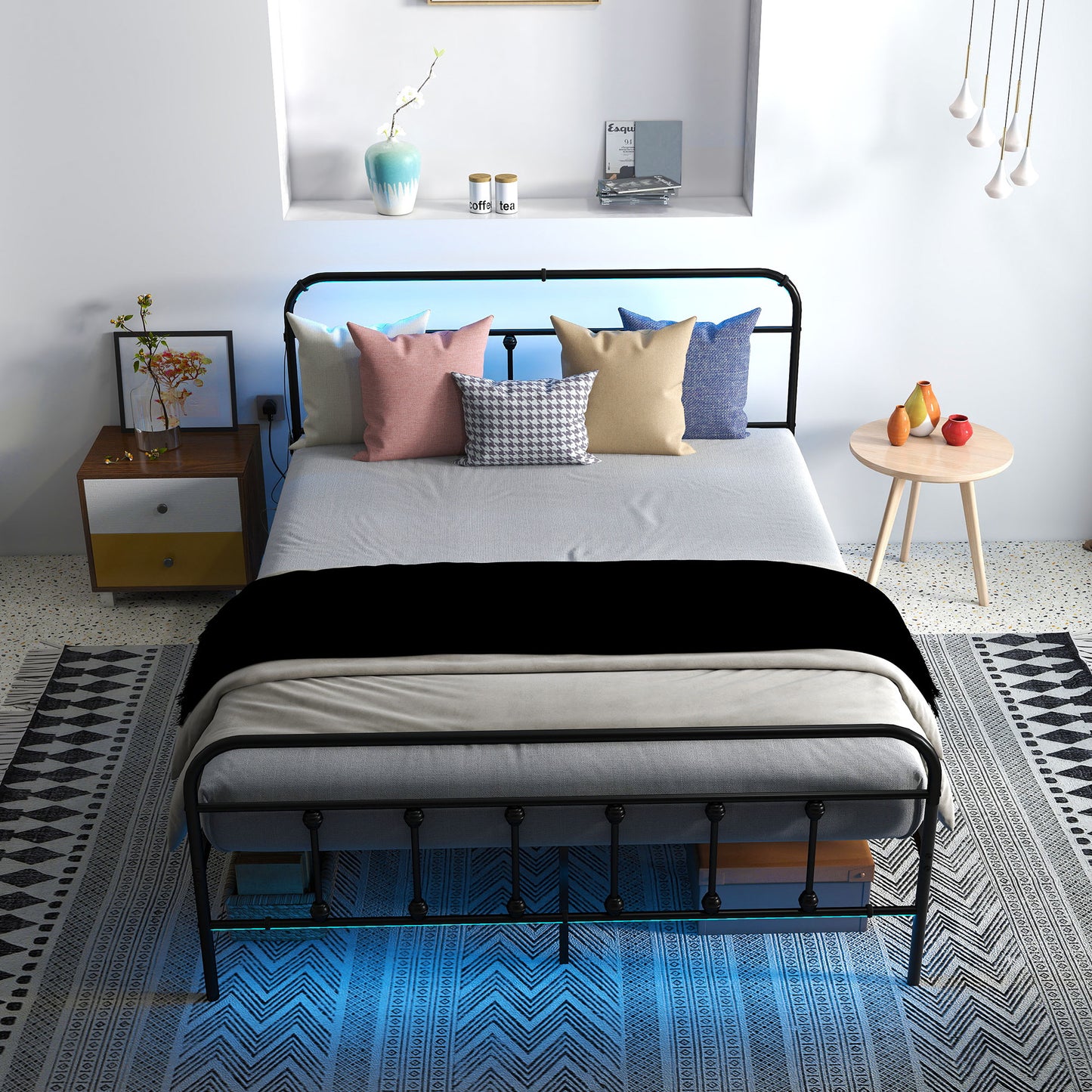 HOMCOM Double Bed Frame with LED Lights and Charging Station, Metal Platform Bed Frame with Under Bed Storage, Black
