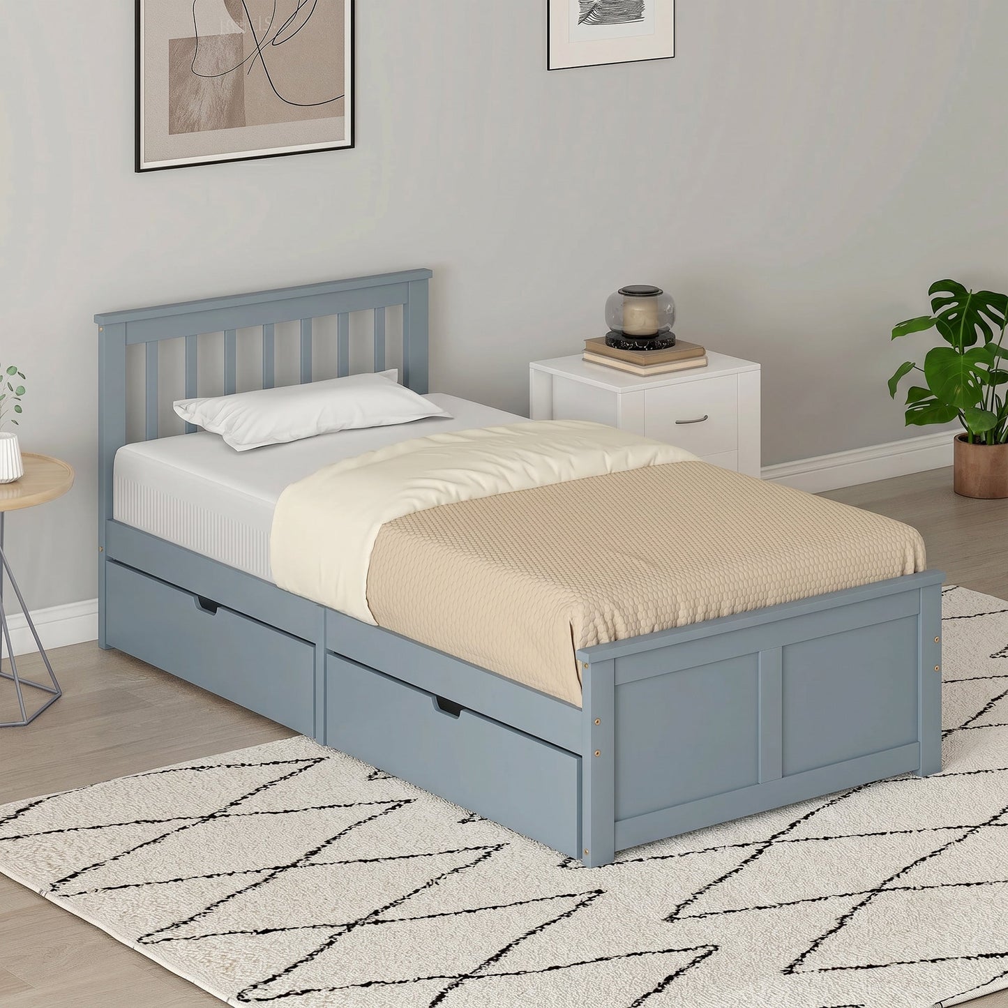 HOMCOM Pine Storage Bed, 3ft Single Solid Wooden Bed Frame with Drawers, Headboard, Wood Slat Support, Grey