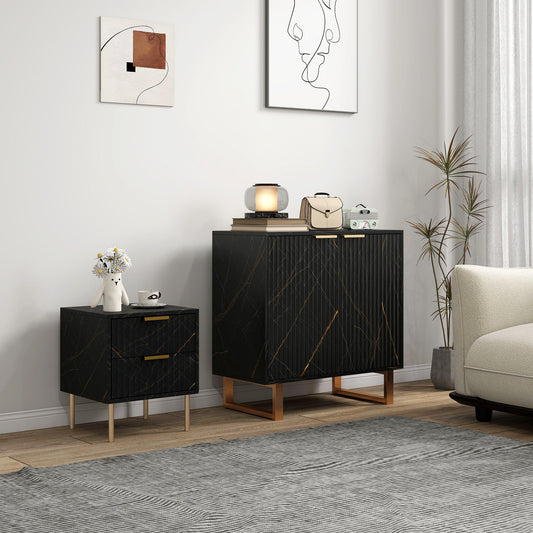HOMCOM Sideboard, Accent Cabinet with Marble Effect, Adjustable Shelf, Fluted Doors and Drawers, Black