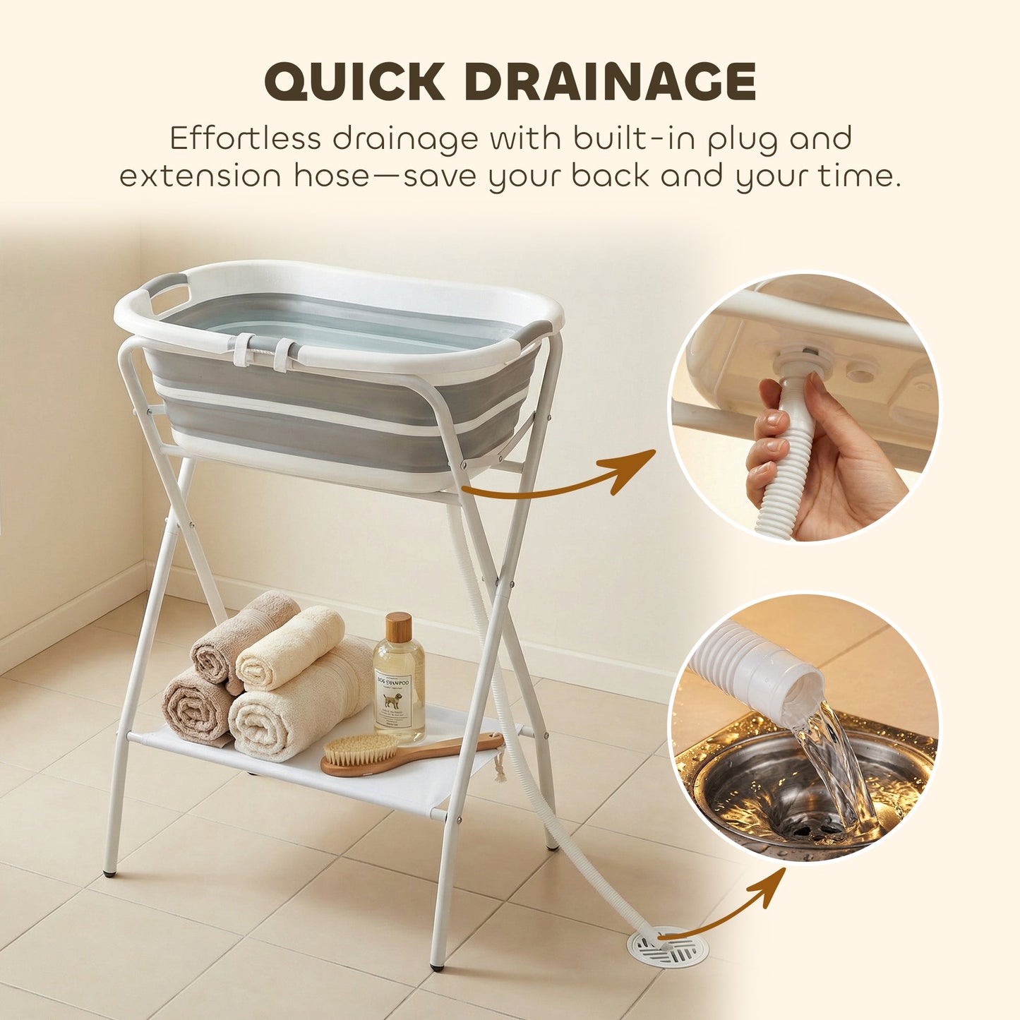 PawHut Dog Bath Tub, Portable Foldable Dog Bathtub with Stand, Drainage Hole, for Small Dogs Puppies Grey