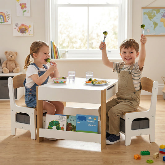 HOMCOM Three-Piece Kids Table and Chair Set with Blackboard in a Natural Wood Finish
