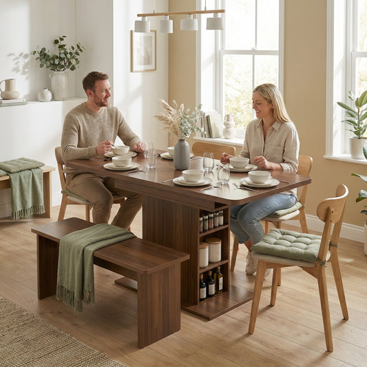 HOMCOM Extendable Dining Table for 4-6 People, 110-130cm Kitchen Table with 6 Open Shelves, Walnut Brown