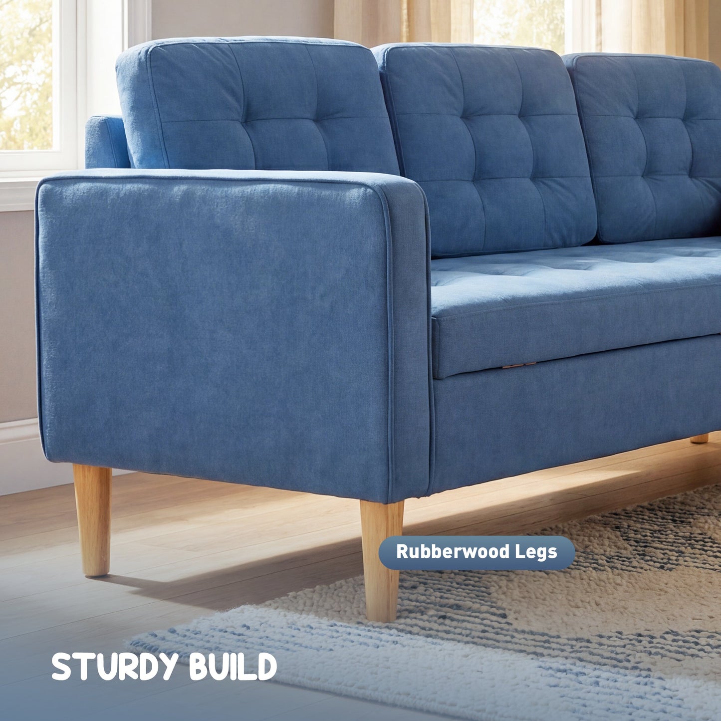 أريكة HOMCOM بثلاثة مقاعد، كنبة بطول 169 سم مع تخزين مخفي، أرجل خشبية، أزرق