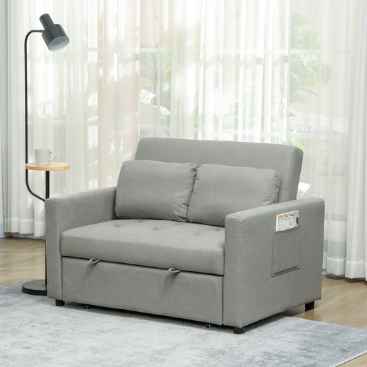 سرير أريكة HOMCOM Loveseat، كنبة سرير قابلة للتحويل مع وسادتين، جيوب جانبية، رمادي فاتح