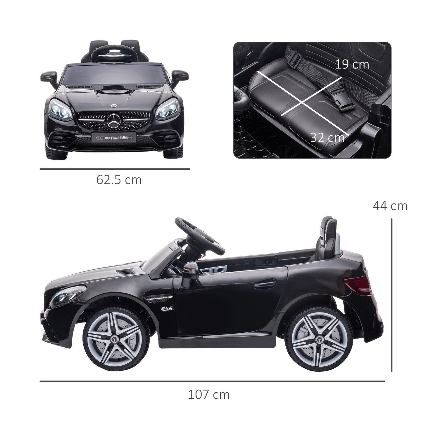 HOMCOM Benz SLC 300 Licensed 12V Kids Electric Ride On, with Music, Remote Control, LED Headlights, Horn, Black