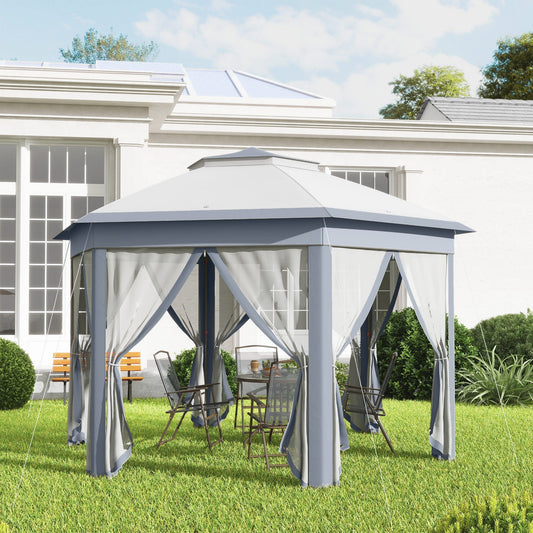 Outdoor gazebo with curtains in a garden setting