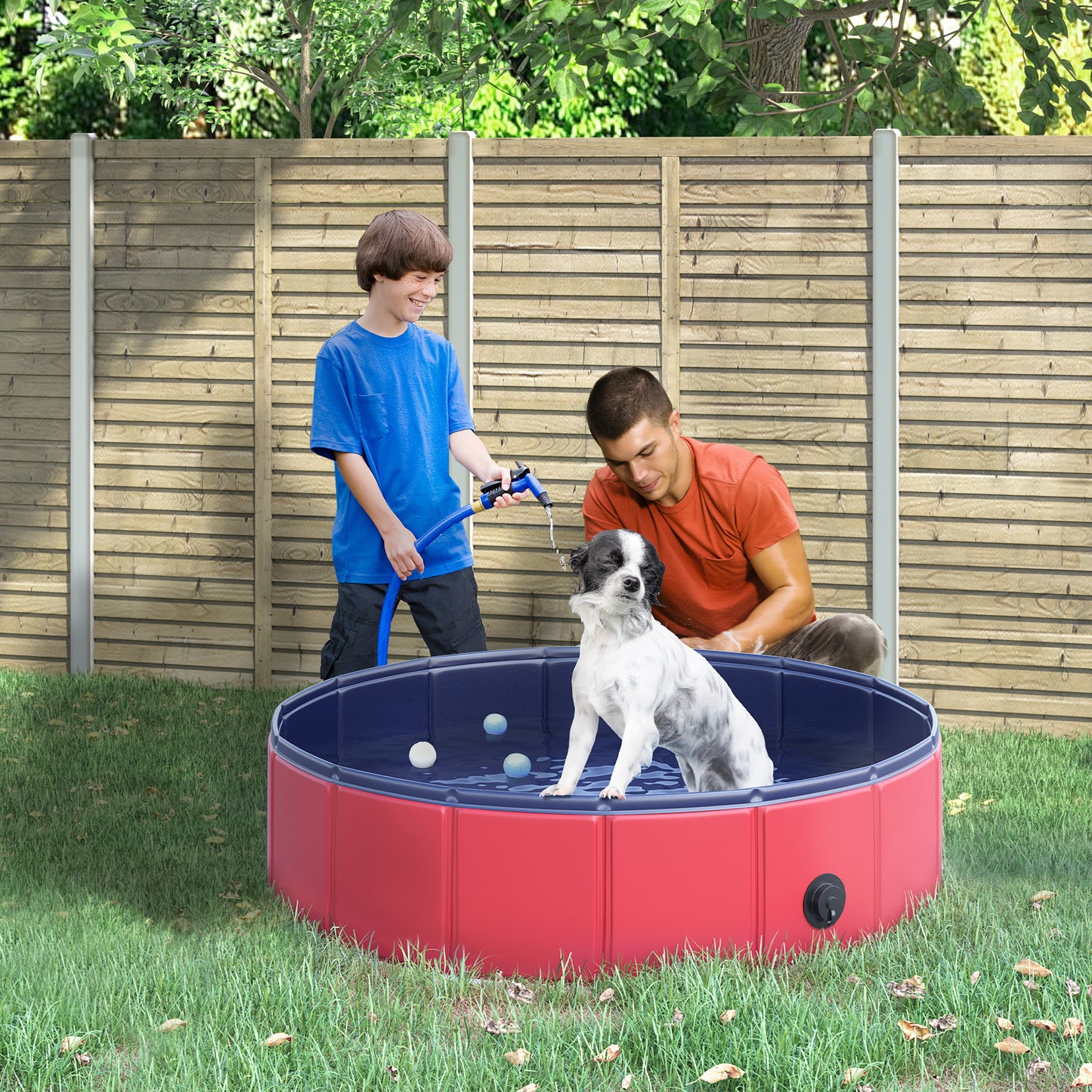 PawHut Foldable Dog Pool, 80 x 20 cm Pet Paddling Pool with Wood Board Support and Anti-Slip Bottom, Portable Doggy Paddling Pool for Garden and Outdoor Use, Red