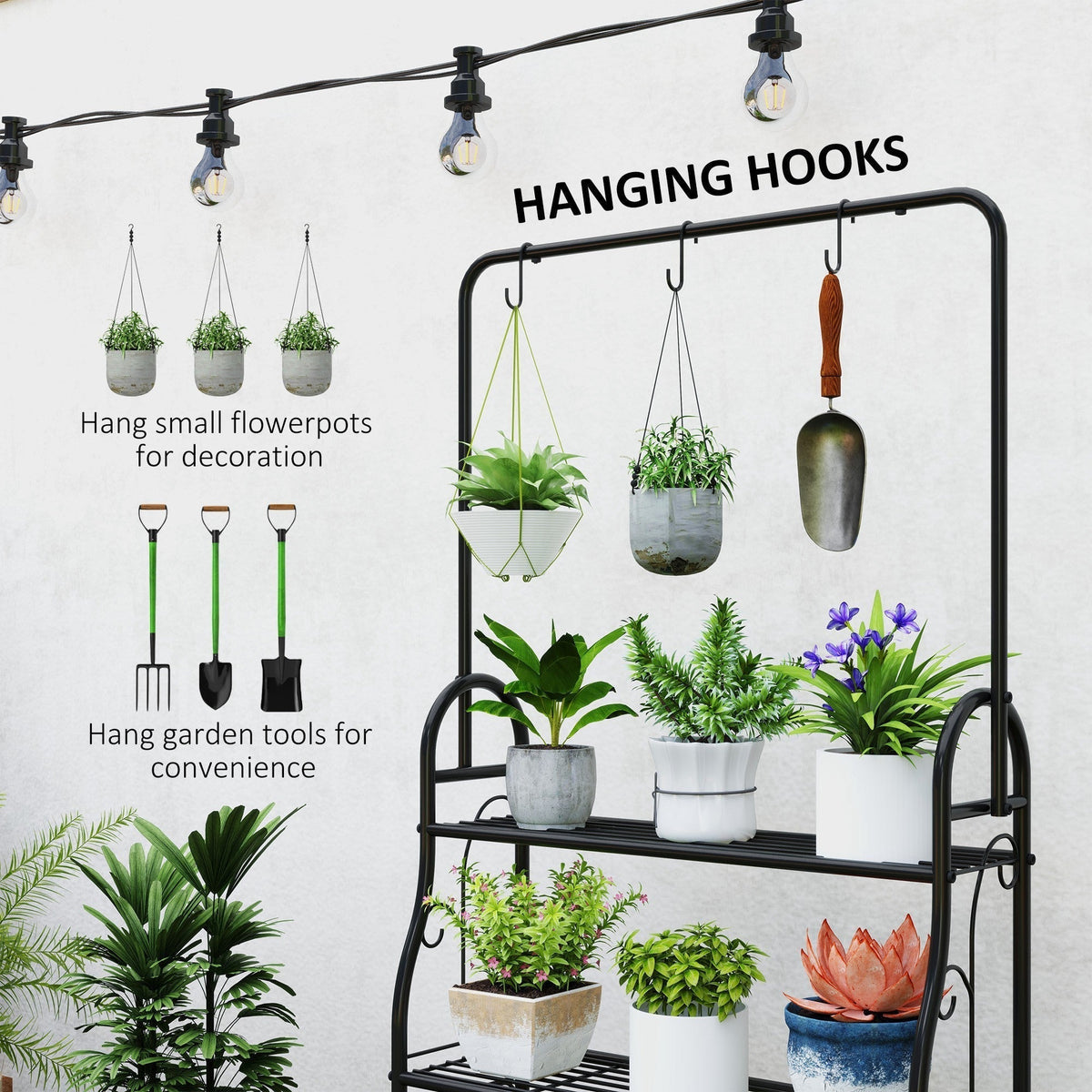 Outsunny 3 Tier Plant Stand with Hanging Rod and Hooks, Metal Plant Rack Shelf, Ladder Flower Pot for Indoor Outdoor Porch Balcony Living Room Bedroom, Black