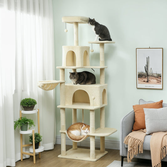 PawHut 202cm Cat Tree with 6 Scratching Posts, 2 Hammocks, 2 Condos, 2 Perches, Pompoms, for Cats to Rest and Play, Beige