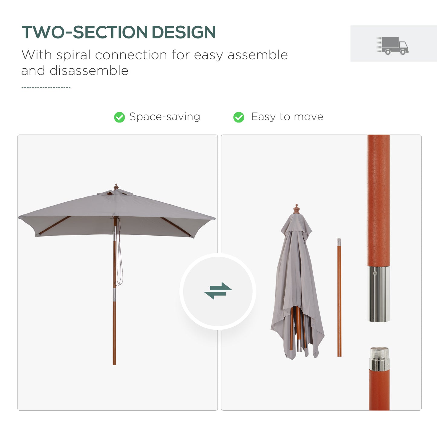 Outsunny 2m Tilting Wooden Pole Parasol - Grey