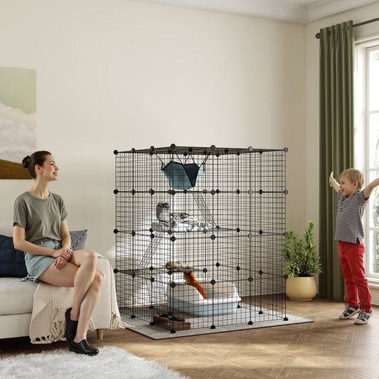 قفص قطط من الصلب من PawHut للاستخدام الداخلي مع أرجوحة، ومنحدرات، وأبواب، قفص قطط DIY لـ 1-3 قطط، أسود