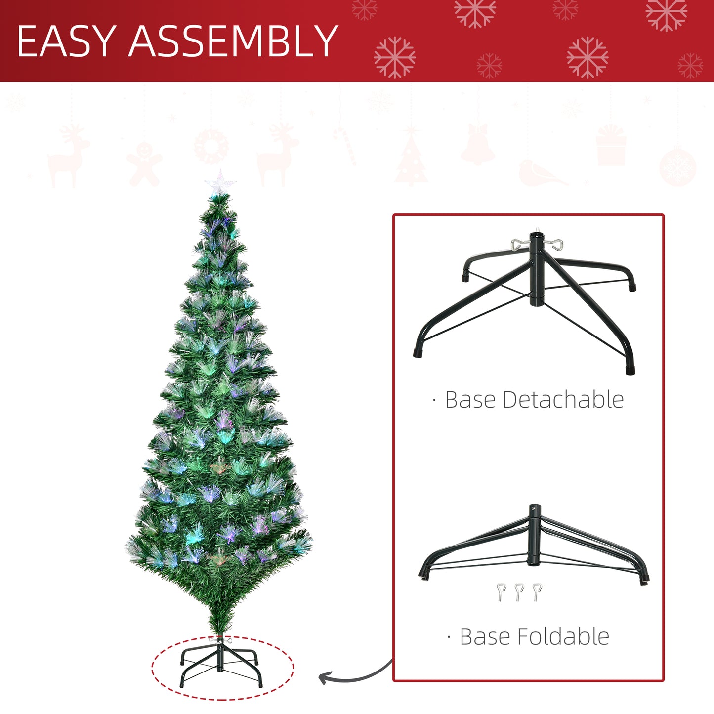 HOMCOM 6FT Multicoloured Artificial Christmas Tree w/ Fibre Optic Lights Pre-Lit Modes Metal Stand Star Holder Home Seasonal Decoration