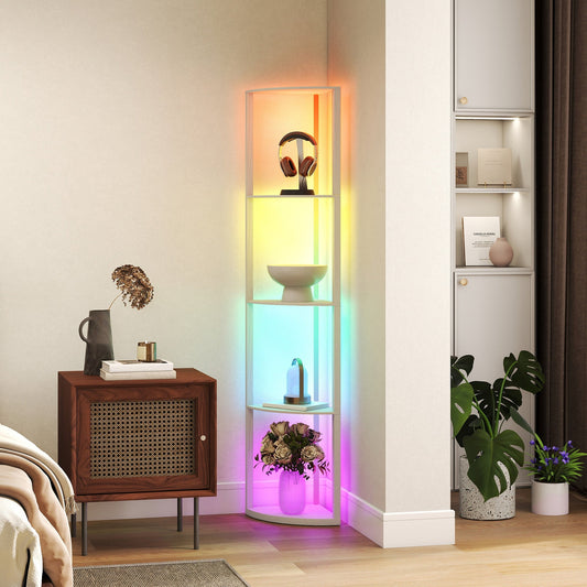 مصباح أرضي LED RGB من HOMCOM مع أرفف، مصباح قائم بذاته قابل للتعتيم بأربع طبقات مع جهاز تحكم عن بعد، بلوطي