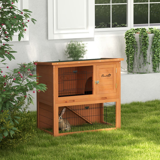 PawHut Two-Tier Antiseptic Wood Rabbit Hutch in Orange