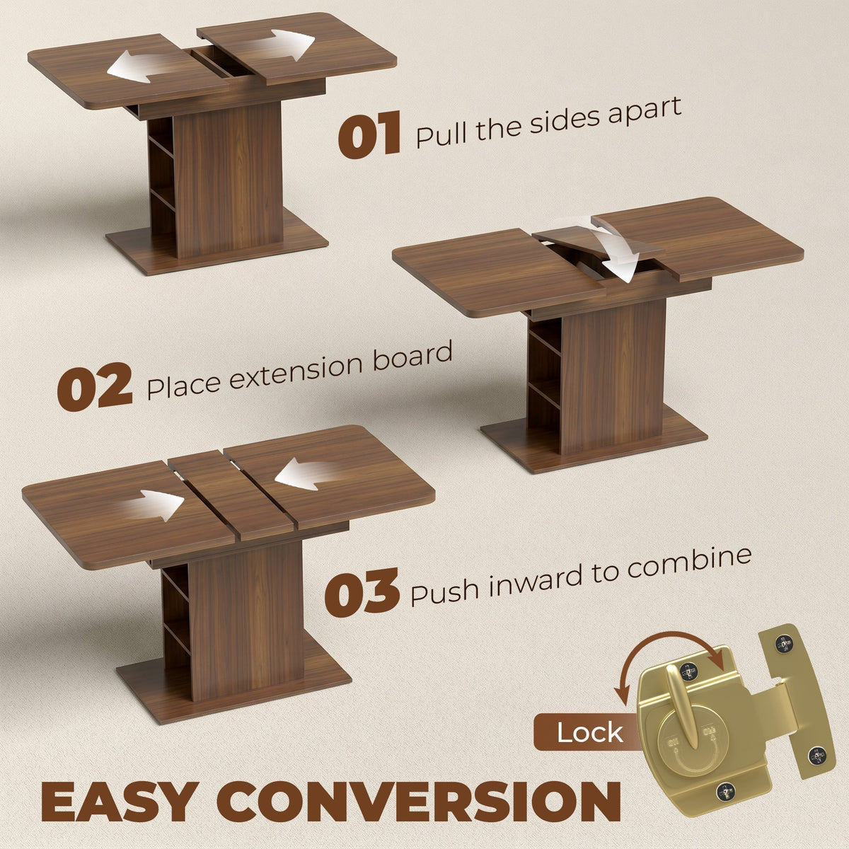 HOMCOM Extendable Dining Table for 4-6 People, 110-130cm Kitchen Table with 6 Open Shelves, Walnut Brown
