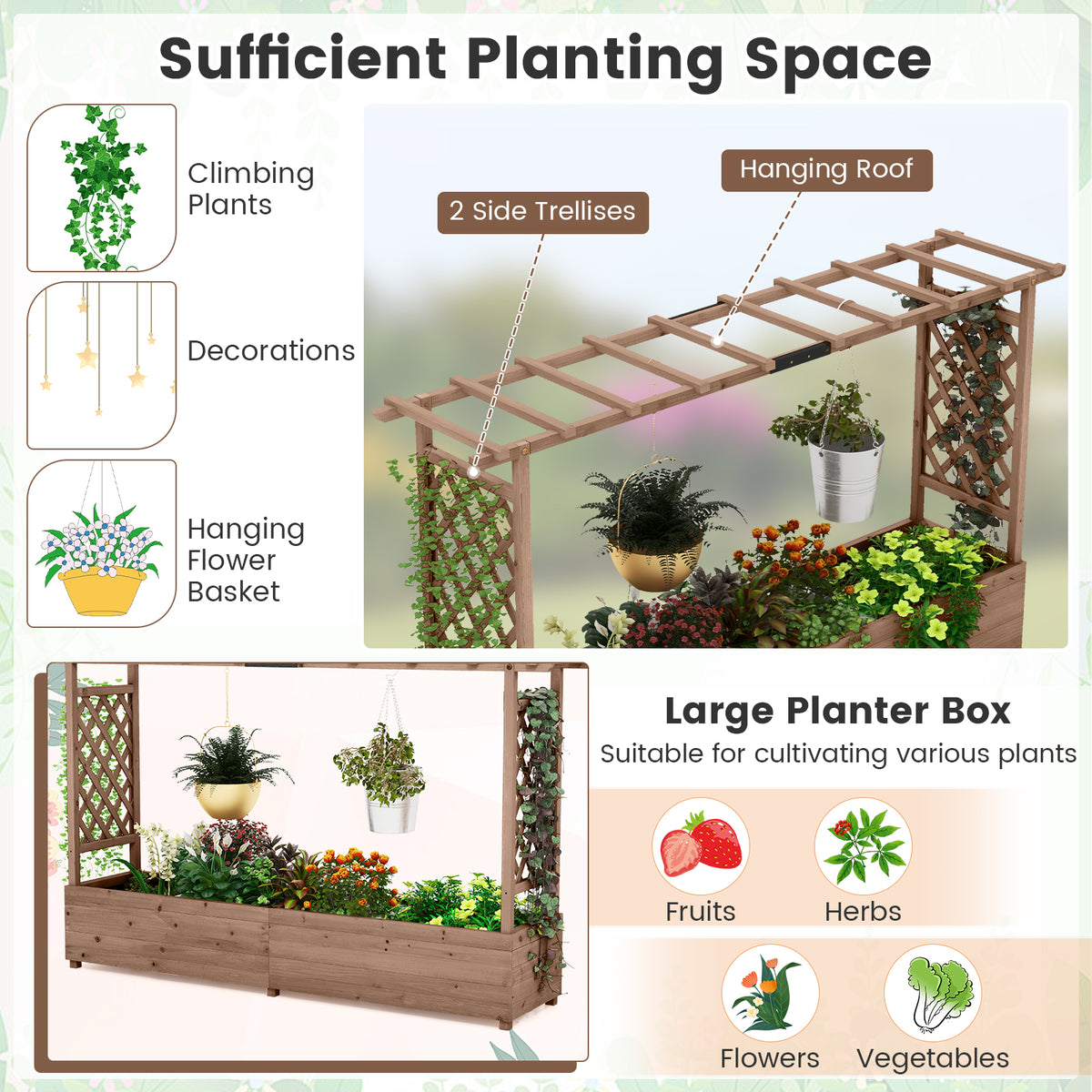 Raised Garden Bed with 2-Sided Trellis and Hanging Roof-Rustic Brown