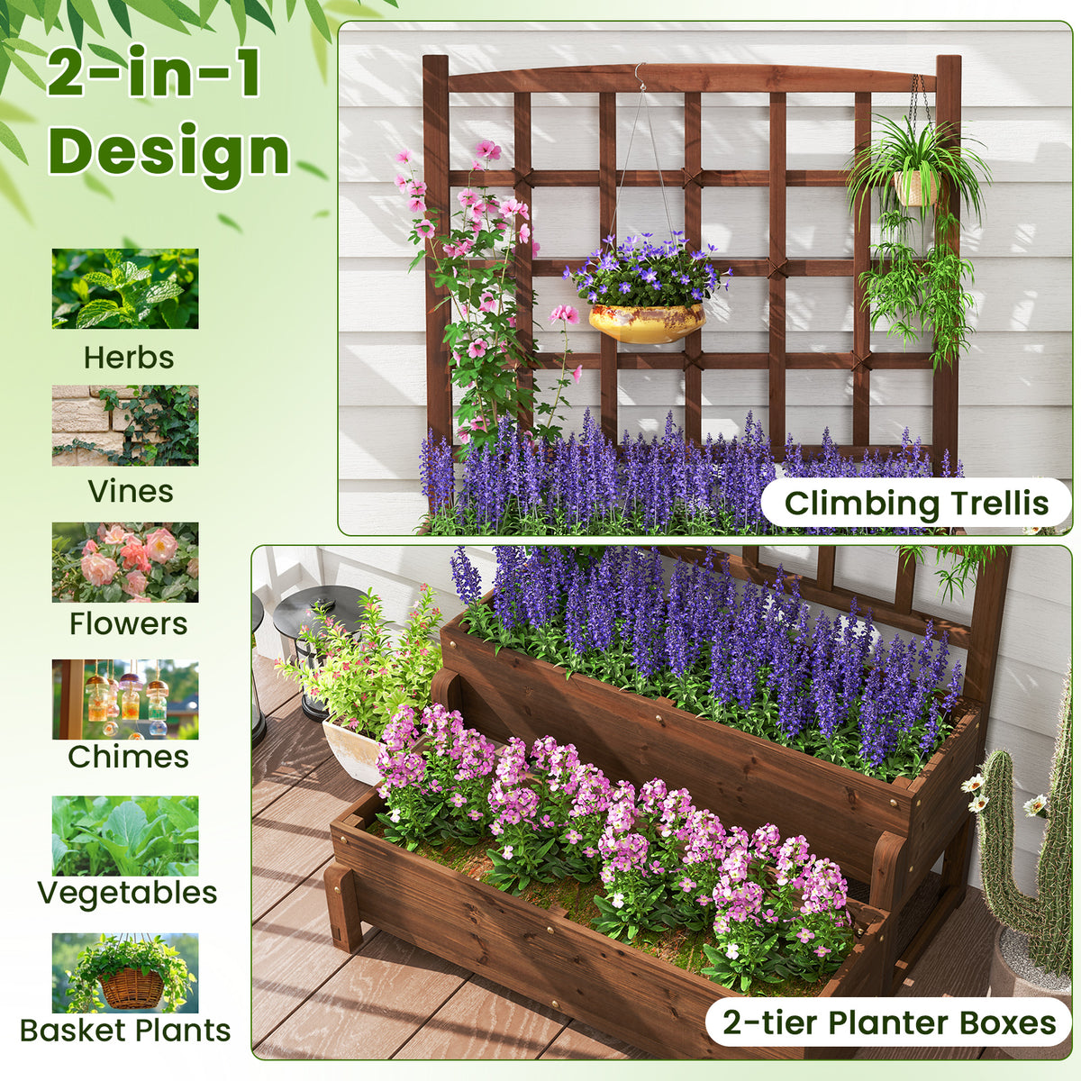 Raised Garden Bed with Lattice Trellis and Drainage Holes-Rustic Brown