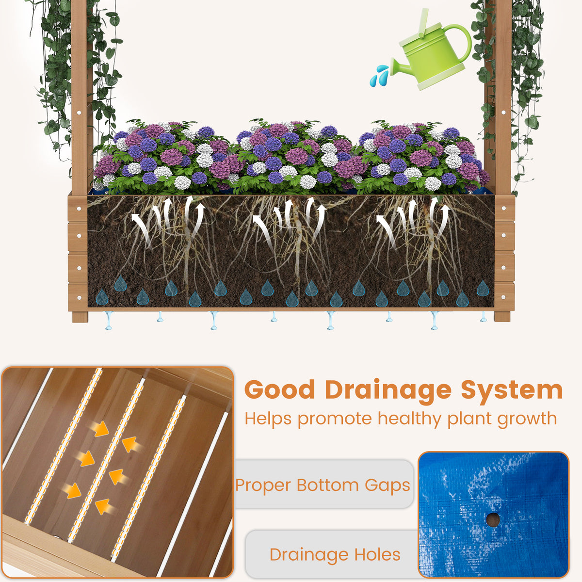 Raised Garden Bed with Trellis Solid Wood Planter with Hanging Roof-Brown