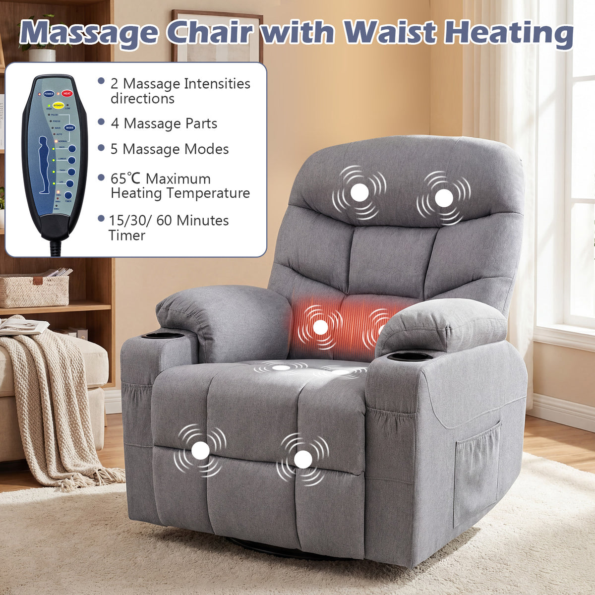 Recliner Chair with Massage and Heat Nursery Rocking Chair with 360° Swivel Function-Grey