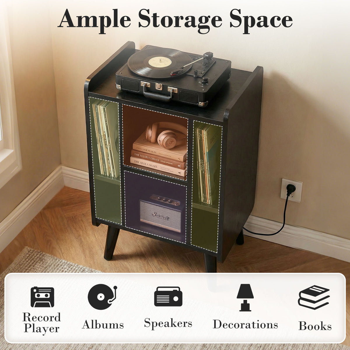Record Player Stand with 4 Open Shelves Power Outlet USB Charging Port-Black