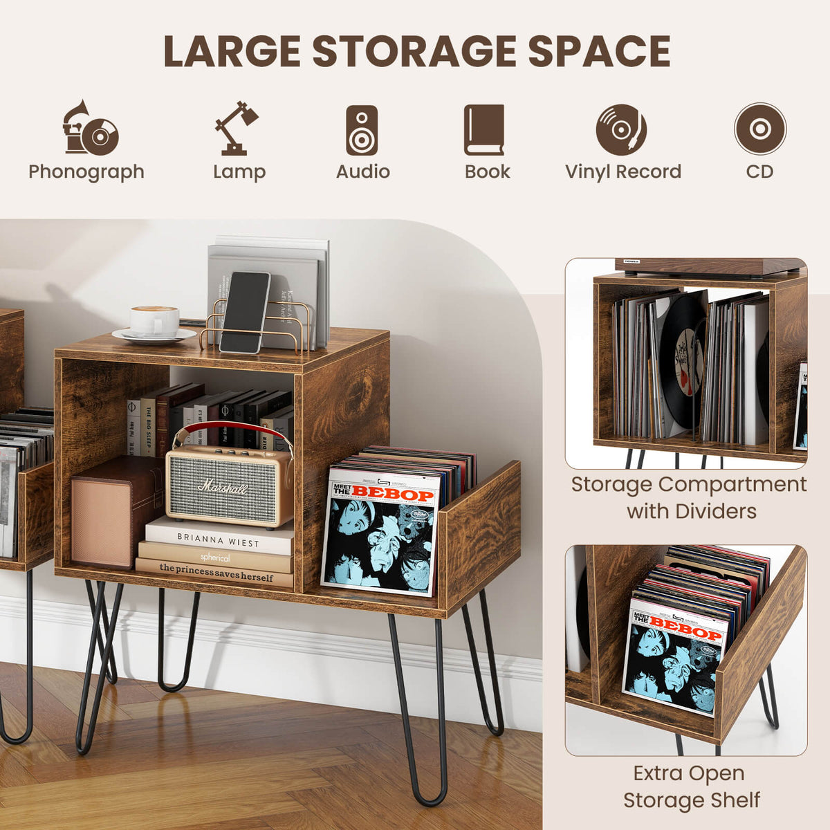 Record Player Stand with Power Outlet and Removable Dividers-Rustic Brown