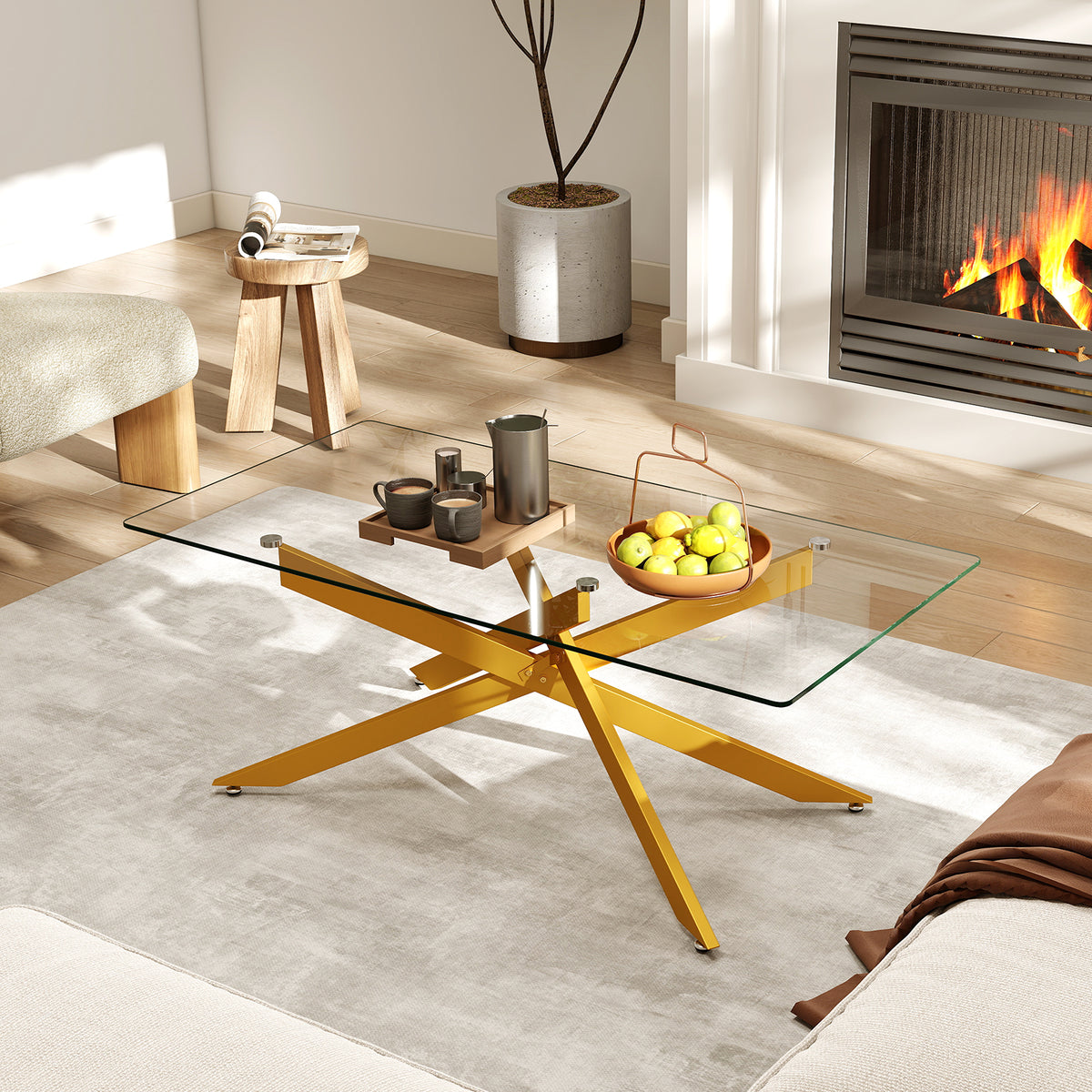 Rectangle Glass Coffee Table with Tempered Glass Top and Metal Tubular Legs-Golden