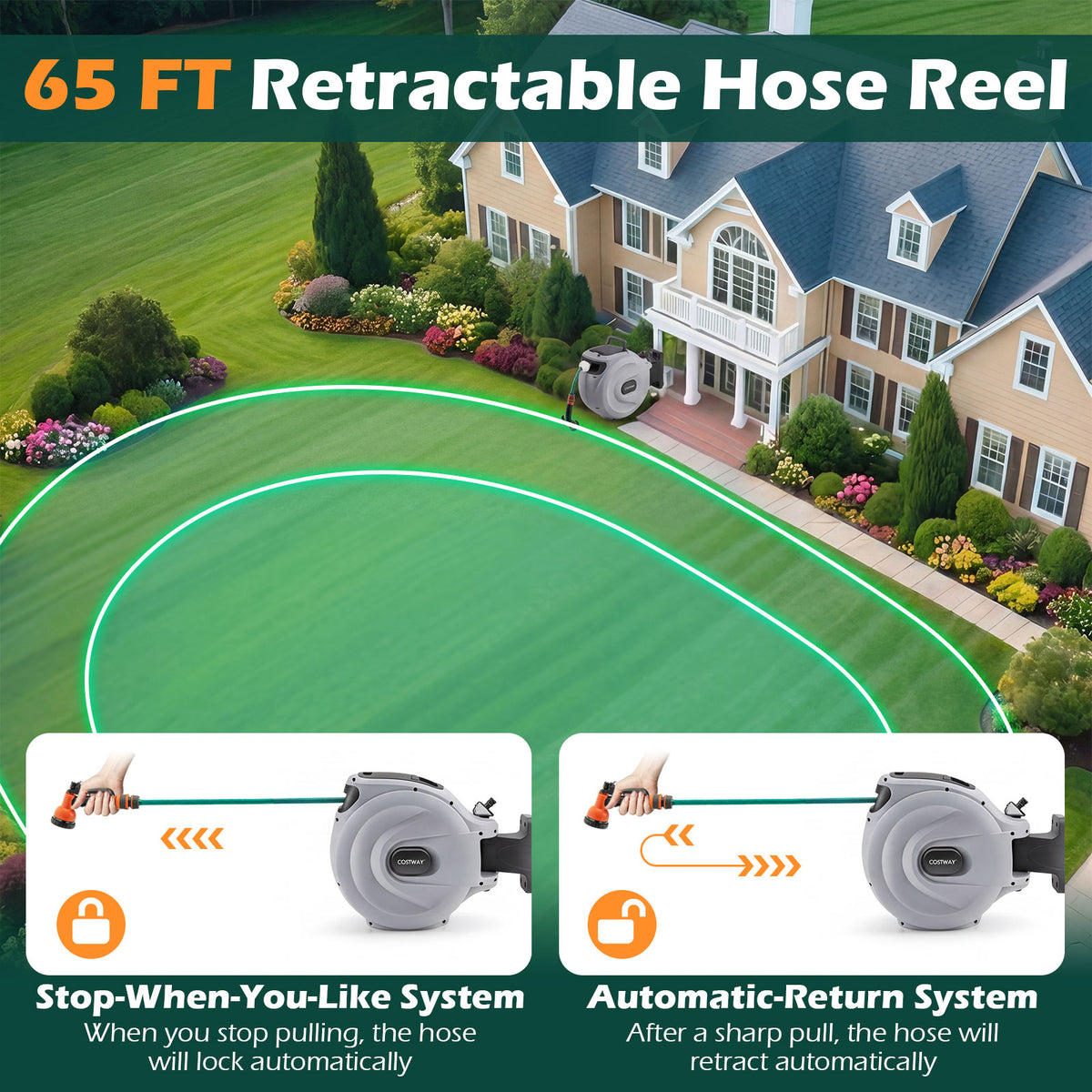 Retractable Garden Hose Reel 1.5 cm x 20 m Heavy Duty Wall Mount Hose Reel-Grey
