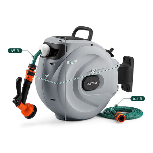 The grey garden hose reel with dimensions labelled in feet and inches