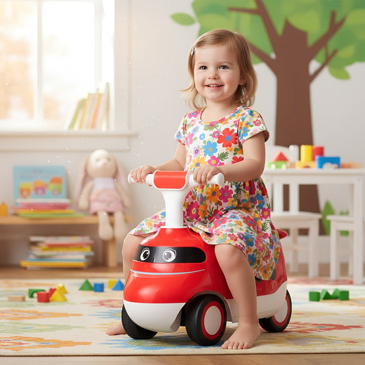 A happy toddler sits on the red and white push car toy in a brightly lit room