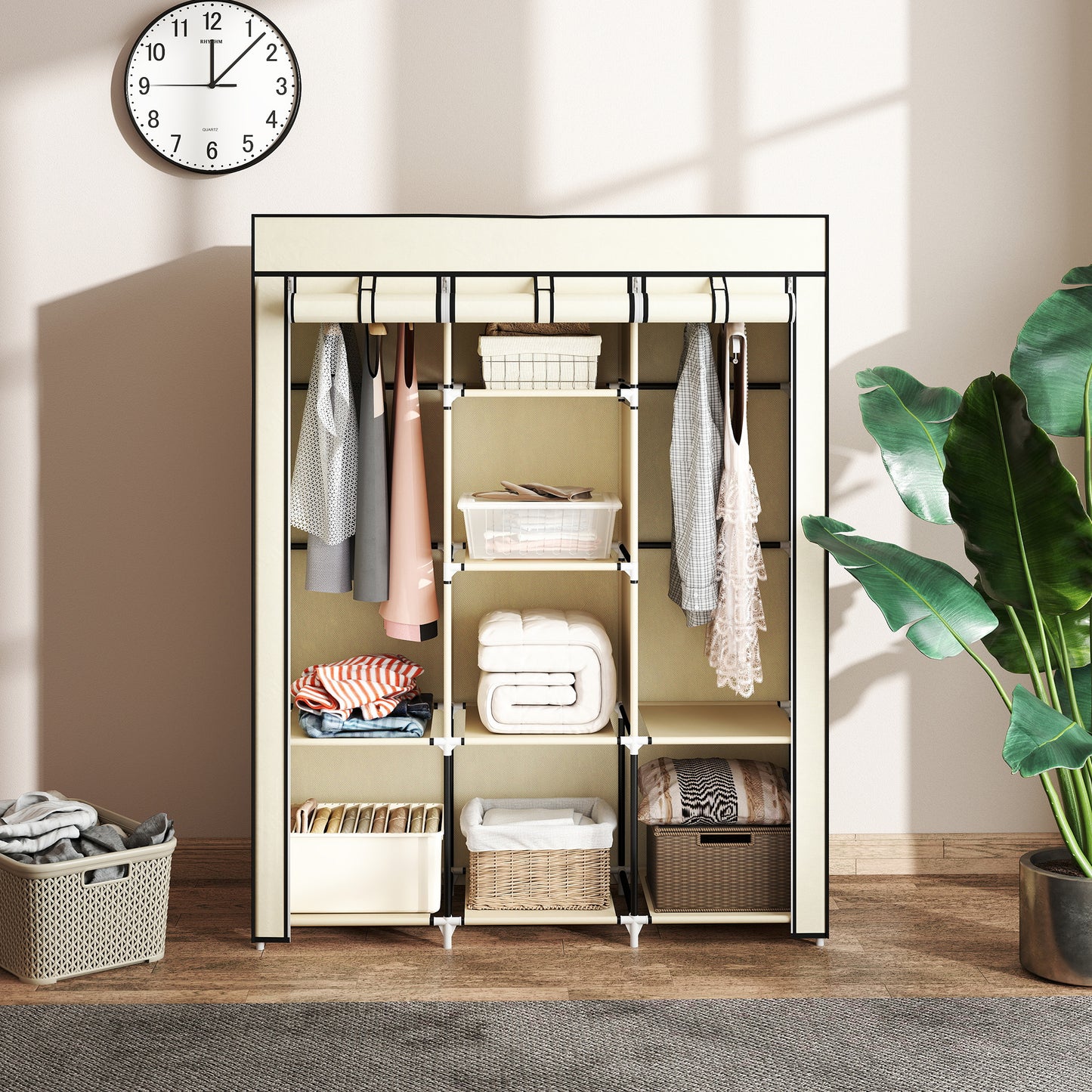 HOMCOM Fabric Wardrobe, with Rails and Shelves - Cream White