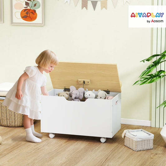 صندوق ألعاب AIYAPLAY مع غطاء، صندوق ألعاب بعجلات ومفصلات أمان، منظم تخزين للأطفال لغرفة اللعب وغرفة النوم، أبيض