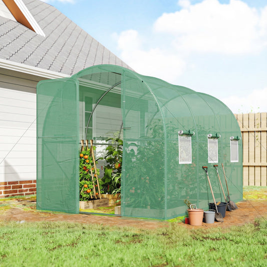 Outsunny 2 x 3 m Walk-in Polytunnel Greenhouse with Hinged Door and 6 Roll Up Mesh Windows, Garden Tunnel Warm House Tent, Green