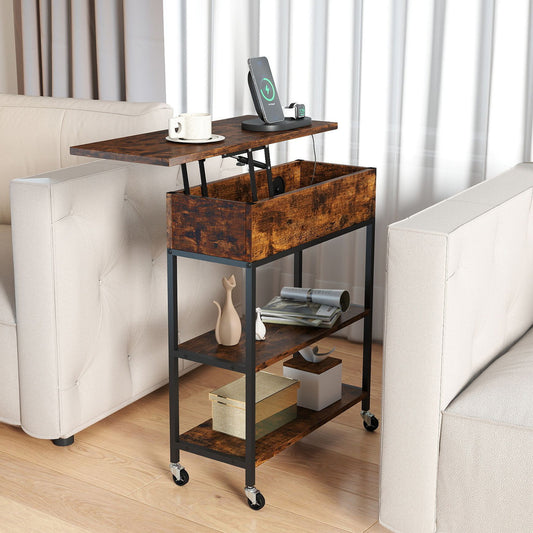 Rustic brown lift top end table with charging station next to a sofa