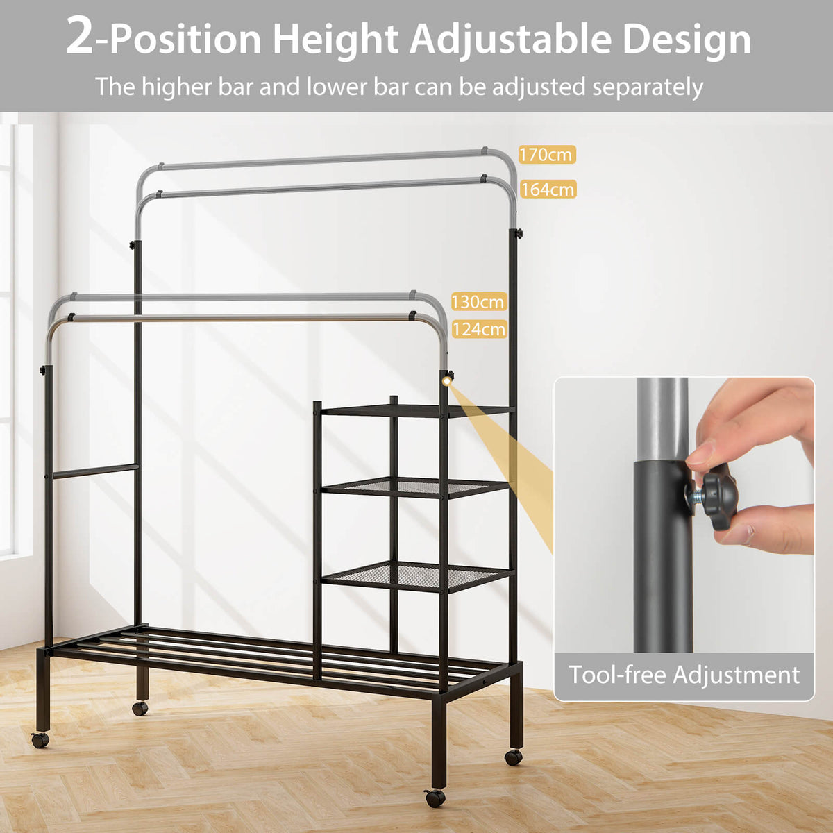 Rolling Clothes Drying Rack with 2 Adjustable Hanging Bars-Black & Silver