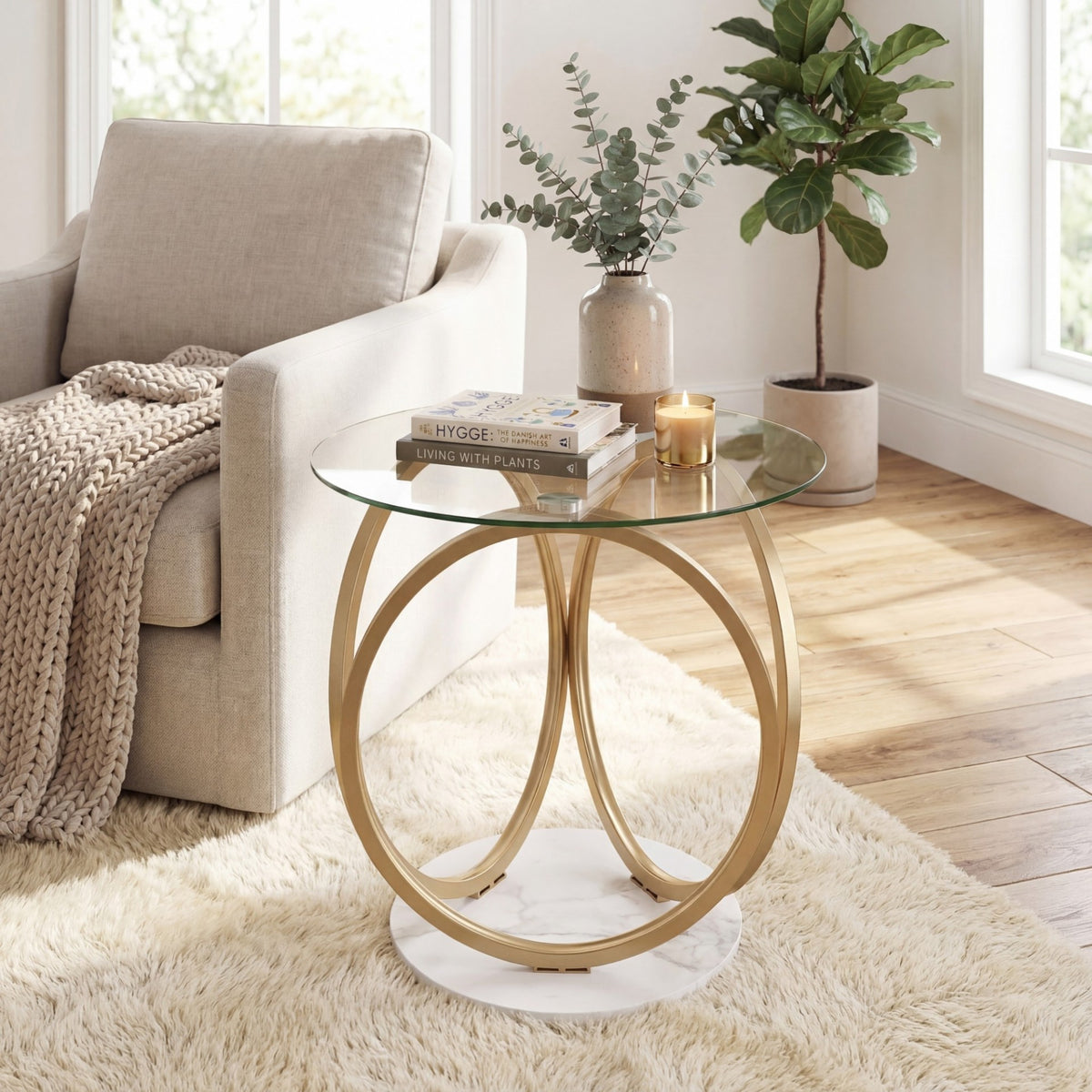 Round Glass Coffee Table with Geometric Metal Ring Frame for Living Room-Gold